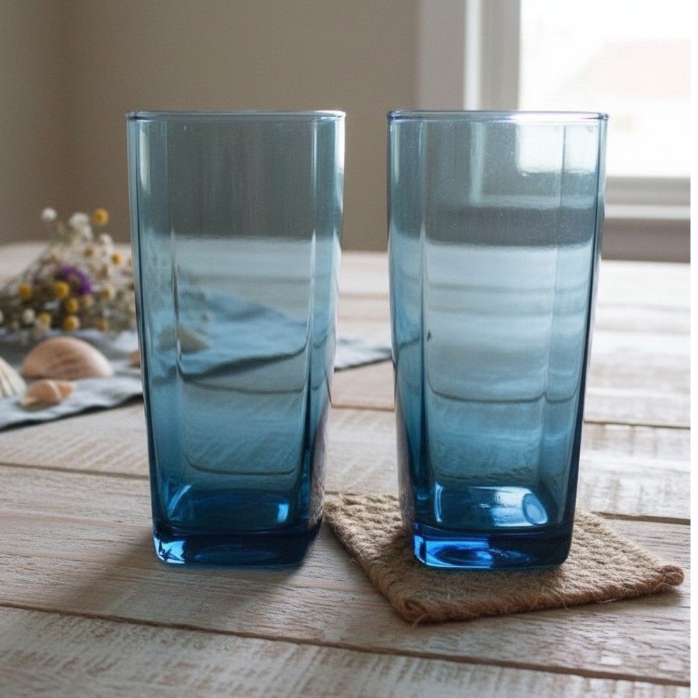 Anchor Hocking Rio Coastal Blue Tumblers, Set of 2, Vtg Square Base Drinkware